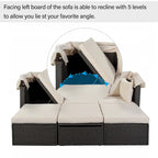 Lit de repos extérieur modulable en osier tressé 4 pièces avec auvent et pouf