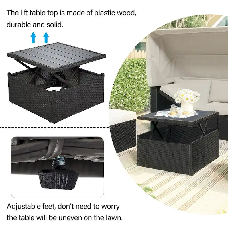 Lit de repos extérieur modulable en osier tressé 4 pièces avec auvent et pouf