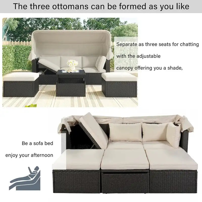 Lit de repos extérieur modulable en osier tressé 4 pièces avec auvent et pouf