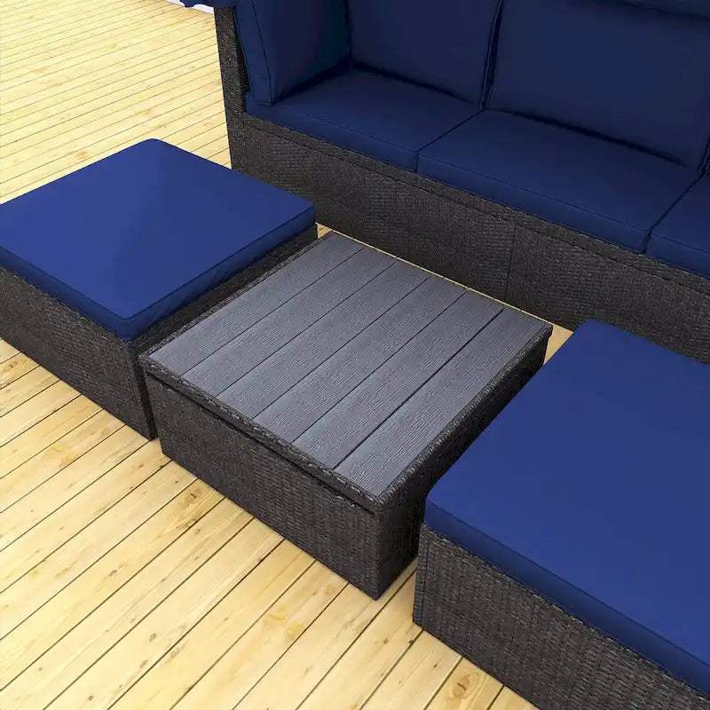 Lit de repos extérieur modulable en osier tressé 4 pièces avec auvent et pouf