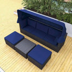 Lit de repos extérieur modulable en osier tressé 4 pièces avec auvent et pouf