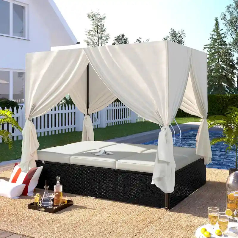 Lit de repos extérieur en osier avec coussins, sièges réglables