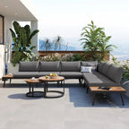 Grey 6-piece Acacia Wood Outdoor Sectional Sofa Set with Round Nesting Coffee Tables and Side Storage Shelf, Cushioned Seating