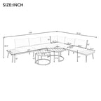 Ensemble de canapé d'extérieur sectionnel 6 pièces en bois d'acacia gris avec tables basses gigognes rondes et étagère de rangement latérale, sièges coussinés