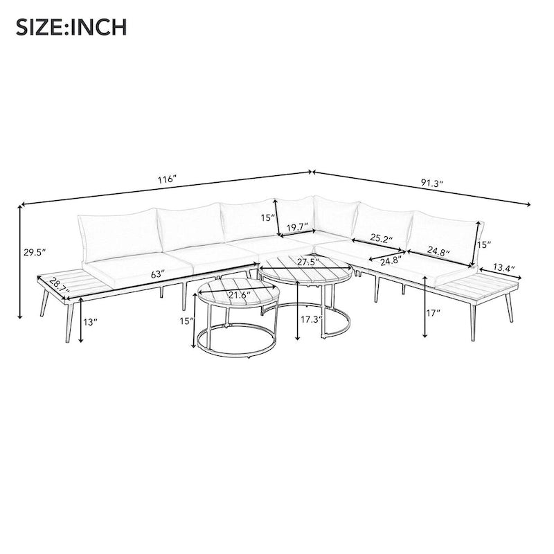 Ensemble de canapé d'extérieur sectionnel 6 pièces en bois d'acacia gris avec tables basses gigognes rondes et étagère de rangement latérale, sièges coussinés