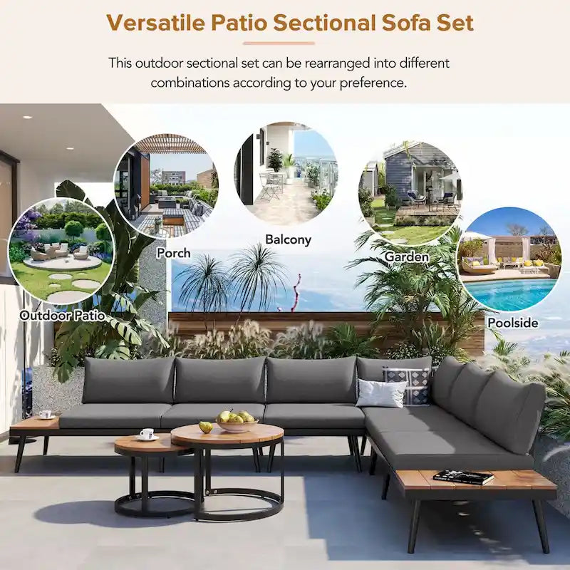 Ensemble de canapé d'extérieur sectionnel 6 pièces en bois d'acacia gris avec tables basses gigognes rondes et étagère de rangement latérale, sièges coussinés