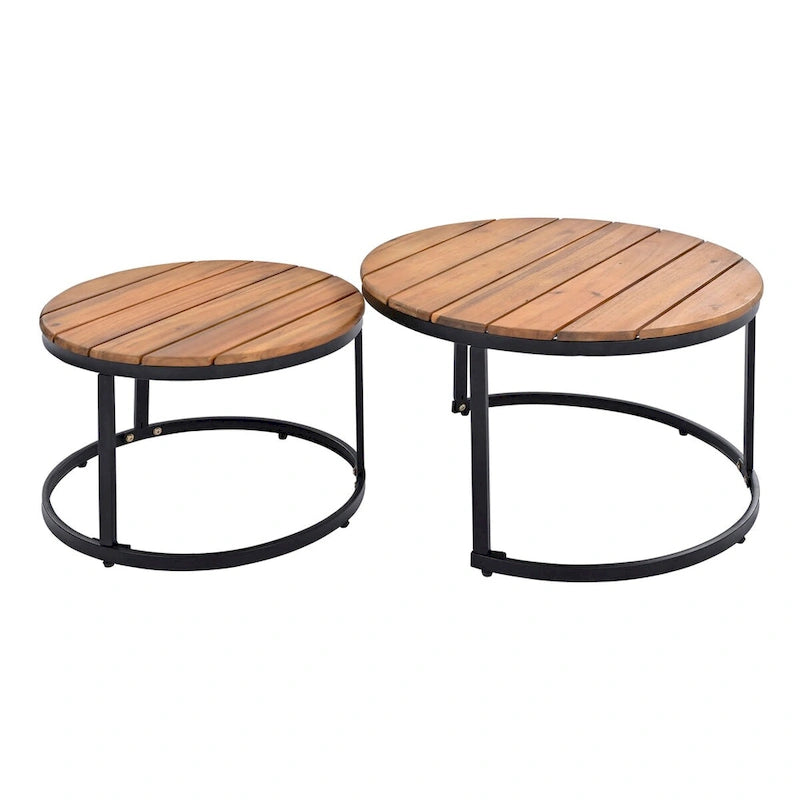 Ensemble de canapé d'extérieur sectionnel 6 pièces en bois d'acacia gris avec tables basses gigognes rondes et étagère de rangement latérale, sièges coussinés
