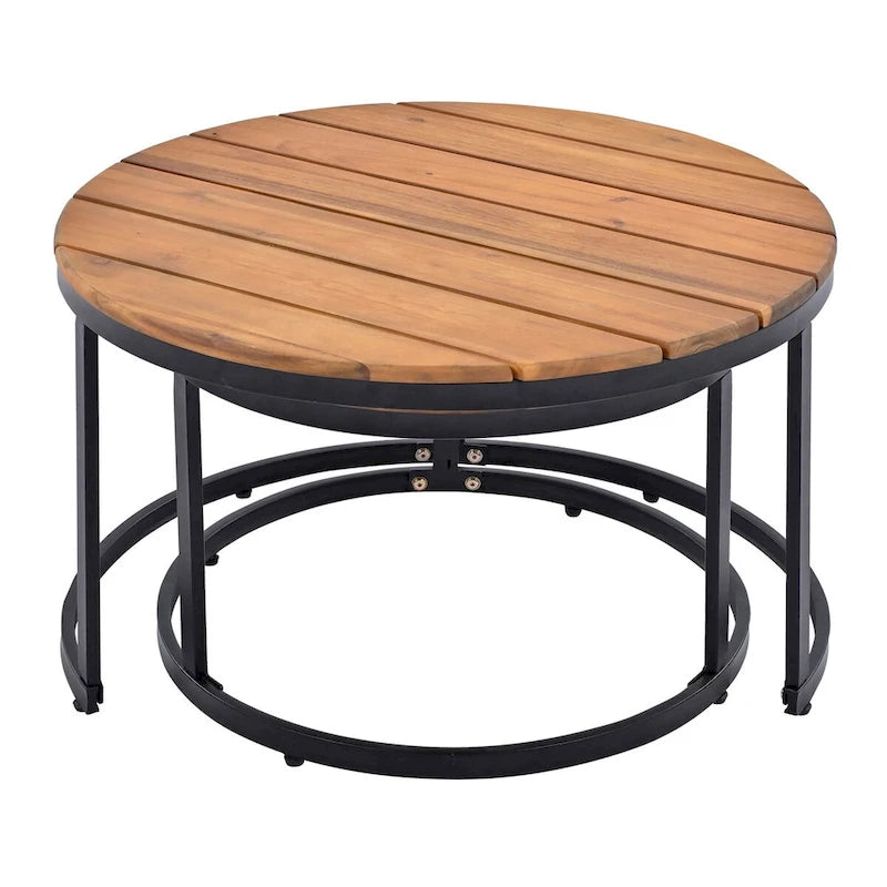 Ensemble de canapé d'extérieur sectionnel 6 pièces en bois d'acacia gris avec tables basses gigognes rondes et étagère de rangement latérale, sièges coussinés
