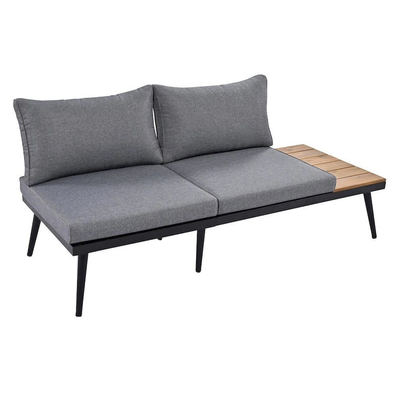 Ensemble de canapé d'extérieur sectionnel 6 pièces en bois d'acacia gris avec tables basses gigognes rondes et étagère de rangement latérale, sièges coussinés