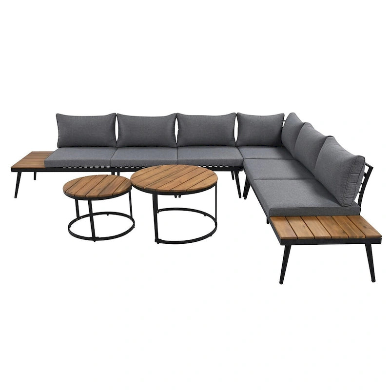 Ensemble de canapé d'extérieur sectionnel 6 pièces en bois d'acacia gris avec tables basses gigognes rondes et étagère de rangement latérale, sièges coussinés