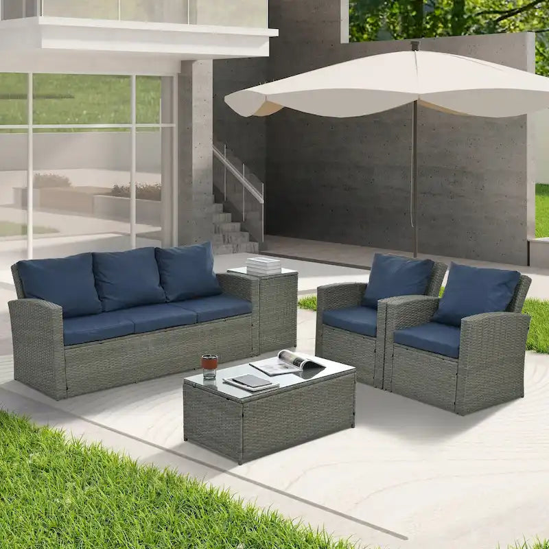 Mobilier de patio, Mobilier de jardin, Mobilier de jardin en rotin PE saisonnier, Mobilier en rotin 5 pièces avec plateau de table en verre trempé