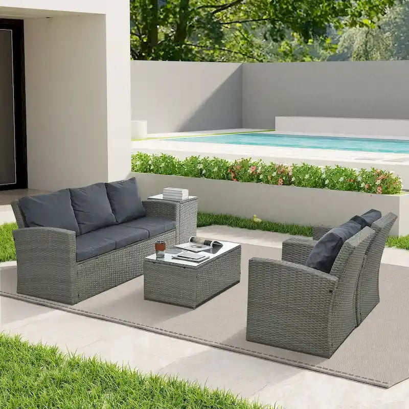 Mobilier de patio, Mobilier de jardin, Mobilier de jardin en rotin PE saisonnier, Mobilier en rotin 5 pièces avec plateau de table en verre trempé
