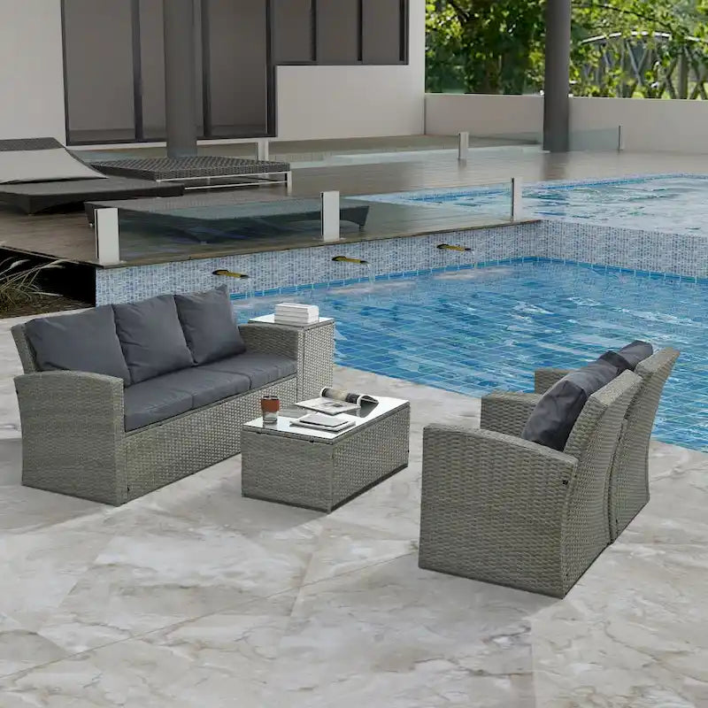 Mobilier de patio, Mobilier de jardin, Mobilier de jardin en rotin PE saisonnier, Mobilier en rotin 5 pièces avec plateau de table en verre trempé