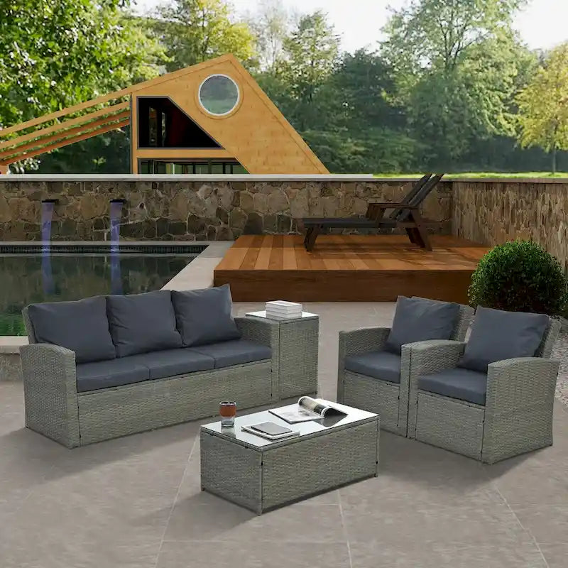 Mobilier de patio, Mobilier de jardin, Mobilier de jardin en rotin PE saisonnier, Mobilier en rotin 5 pièces avec plateau de table en verre trempé