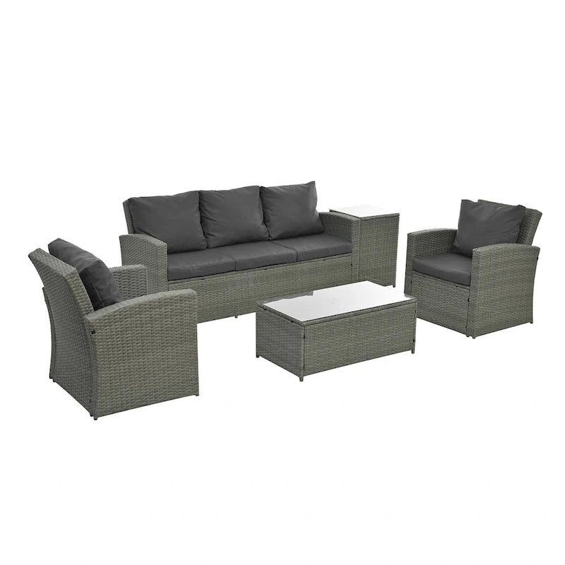 Mobilier de patio, Mobilier de jardin, Mobilier de jardin en rotin PE saisonnier, Mobilier en rotin 5 pièces avec plateau de table en verre trempé