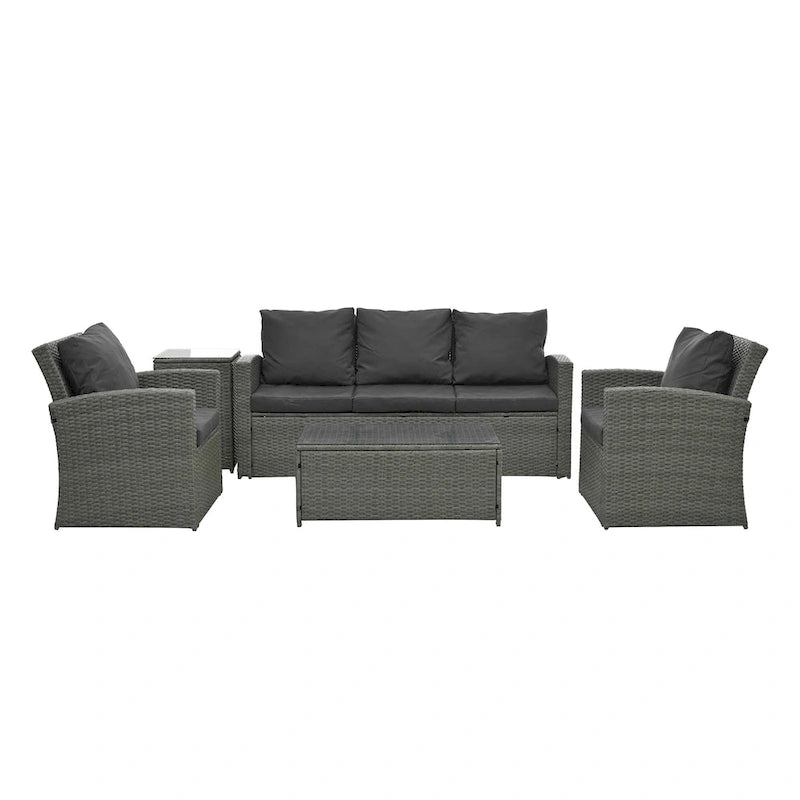 Mobilier de patio, Mobilier de jardin, Mobilier de jardin en rotin PE saisonnier, Mobilier en rotin 5 pièces avec plateau de table en verre trempé