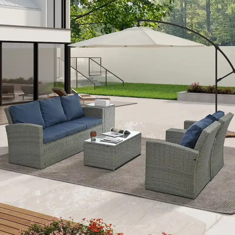 Mobilier de patio, Mobilier de jardin, Mobilier de jardin en rotin PE saisonnier, Mobilier en rotin 5 pièces avec plateau de table en verre trempé