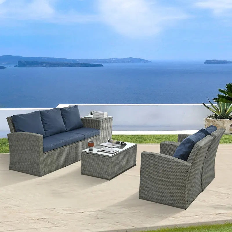 Mobilier de patio, Mobilier de jardin, Mobilier de jardin en rotin PE saisonnier, Mobilier en rotin 5 pièces avec plateau de table en verre trempé