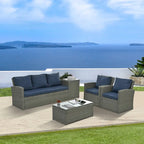 Mobilier de patio, Mobilier de jardin, Mobilier de jardin en rotin PE saisonnier, Mobilier en rotin 5 pièces avec plateau de table en verre trempé