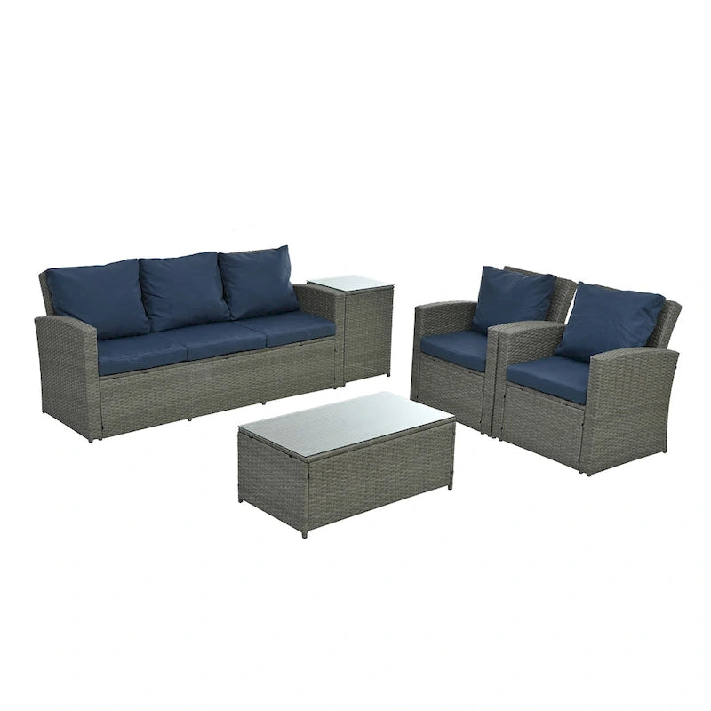 Mobilier de patio, Mobilier de jardin, Mobilier de jardin en rotin PE saisonnier, Mobilier en rotin 5 pièces avec plateau de table en verre trempé