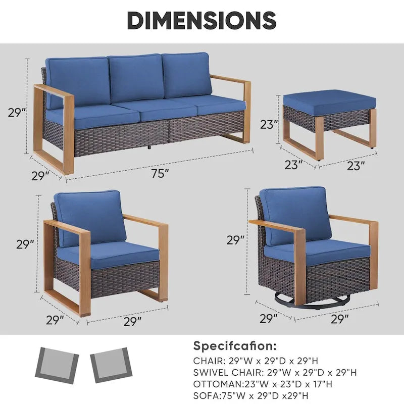 Ensemble de salon de jardin 7 pièces avec fauteuil à bascule et repose-pieds - Marron