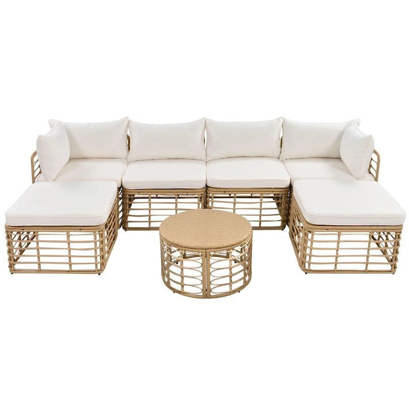 Ensemble de canapé d'angle de patio extérieur 7 pièces en rotin toutes saisons