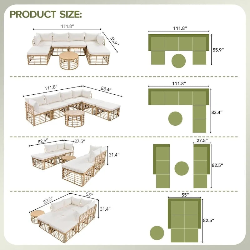 Ensemble de canapé d'angle de patio extérieur 7 pièces en rotin toutes saisons