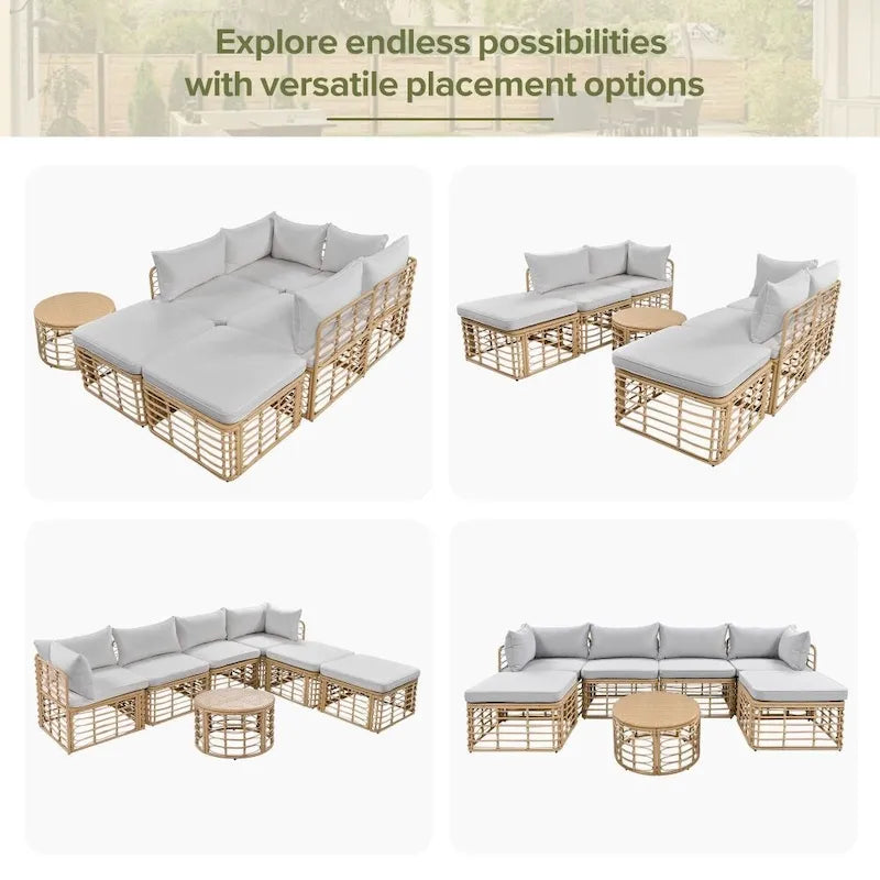 Ensemble de canapé d'angle de patio extérieur 7 pièces en rotin toutes saisons