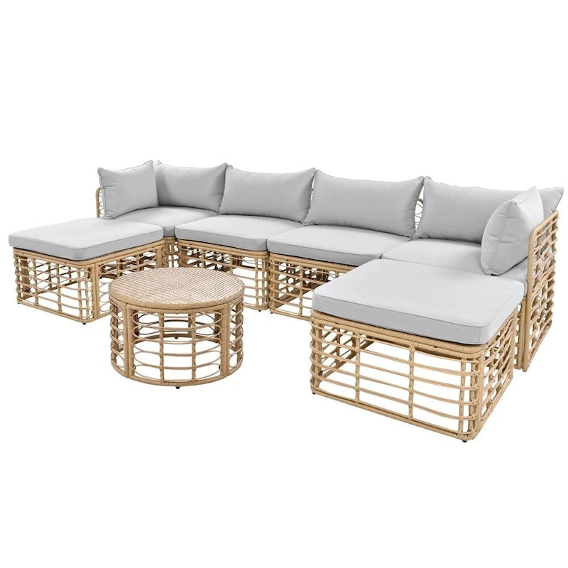 Ensemble de canapé d'angle de patio extérieur 7 pièces en rotin toutes saisons