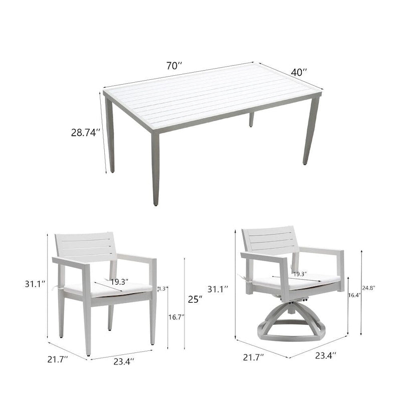 Ensemble de salle à manger moderne 7 pièces en aluminium, comprenant 4 chaises de salle à manger et 2 fauteuils pivotants à bascule, blanc mat et gris.