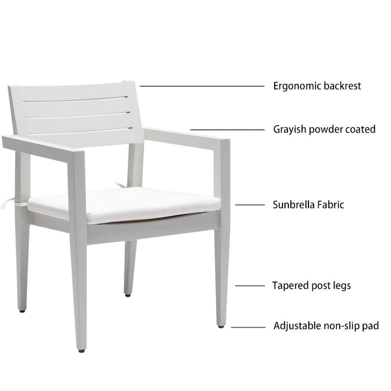 Ensemble de salle à manger moderne 7 pièces en aluminium, comprenant 4 chaises de salle à manger et 2 fauteuils pivotants à bascule, blanc mat et gris.