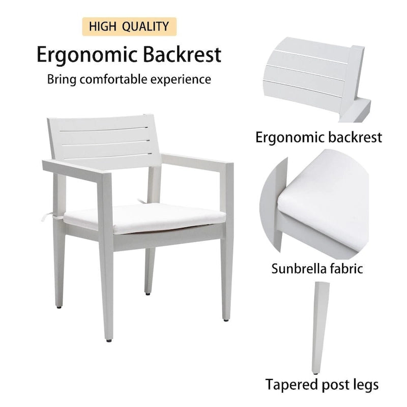 Ensemble de salle à manger moderne 7 pièces en aluminium, comprenant 4 chaises de salle à manger et 2 fauteuils pivotants à bascule, blanc mat et gris.