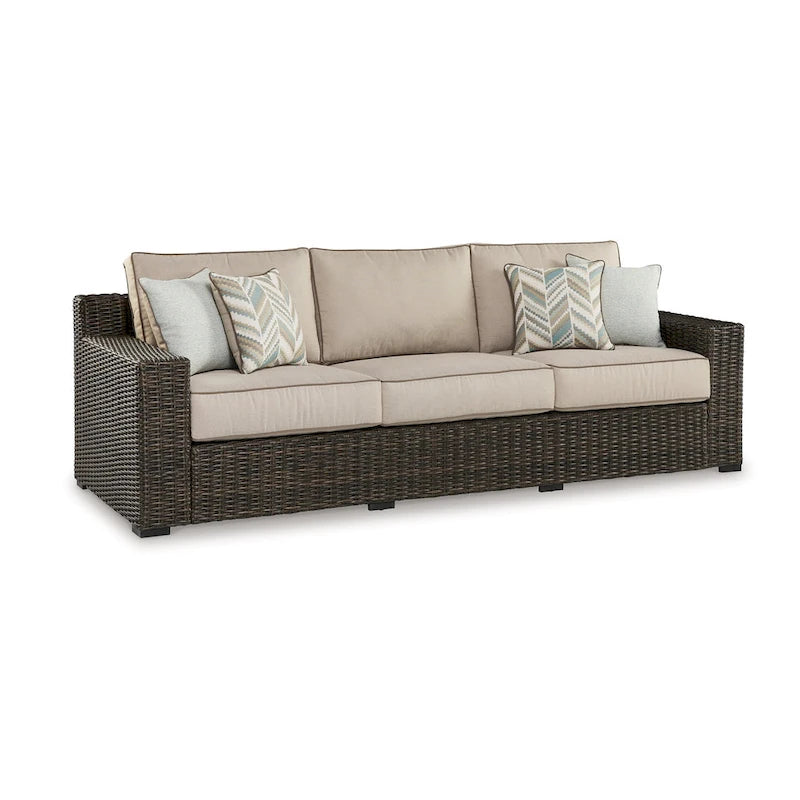 Canapé d'extérieur Waga 97 pouces, 4 coussins, osier en résine marron, beige