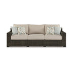 Canapé d'extérieur Waga 97 pouces, 4 coussins, osier en résine marron, beige