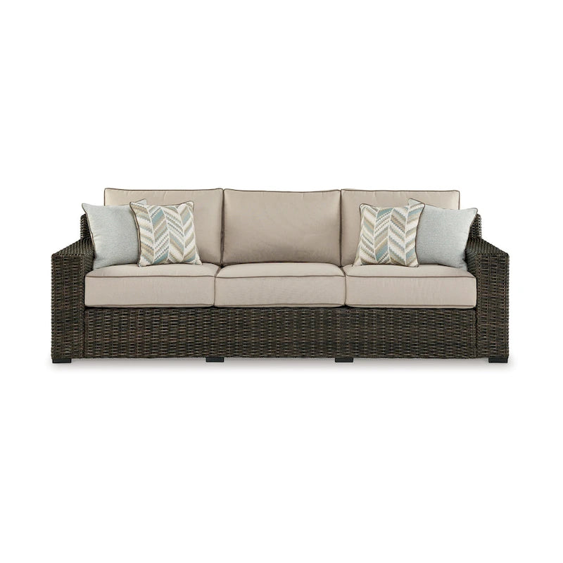 Canapé d'extérieur Waga 97 pouces, 4 coussins, osier en résine marron, beige