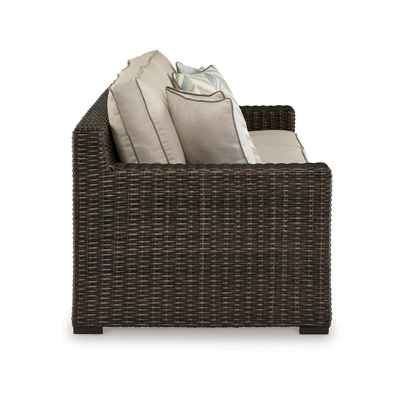 Canapé d'extérieur Waga 97 pouces, 4 coussins, osier en résine marron, beige