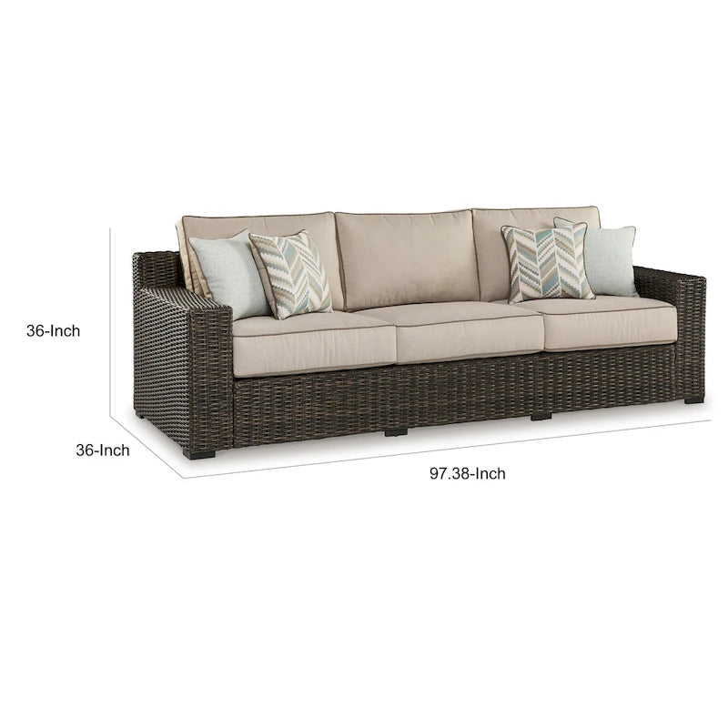 Canapé d'extérieur Waga 97 pouces, 4 coussins, osier en résine marron, beige
