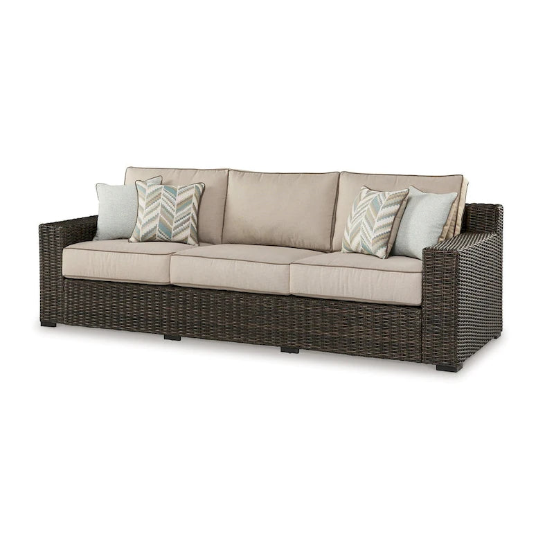 Canapé d'extérieur Waga 97 pouces, 4 coussins, osier en résine marron, beige