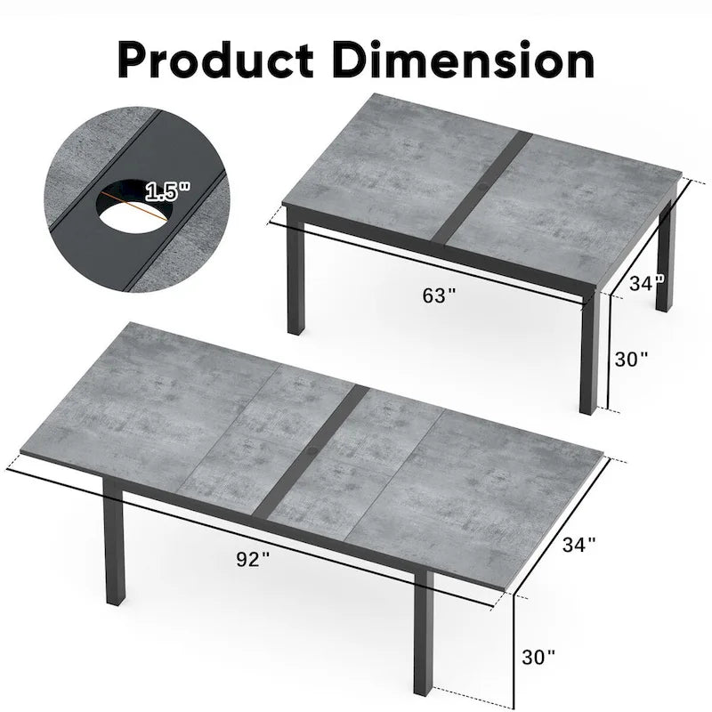 Table à manger extensible en aluminium avec trou pour parasol