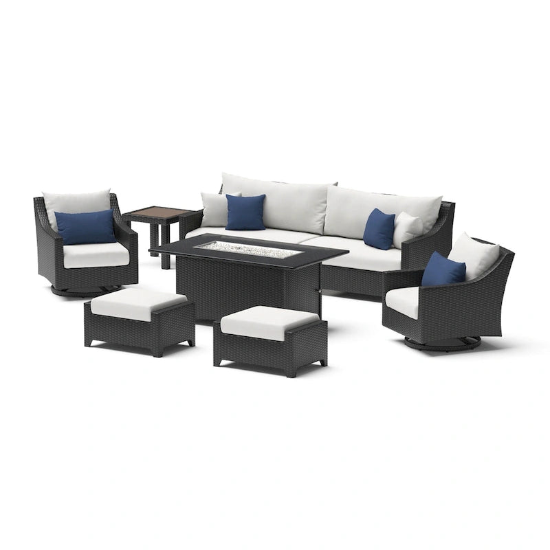 Ensemble Deco 8 pièces Sunbrella de salon de jardin avec foyer et chaises à mouvement de balancier