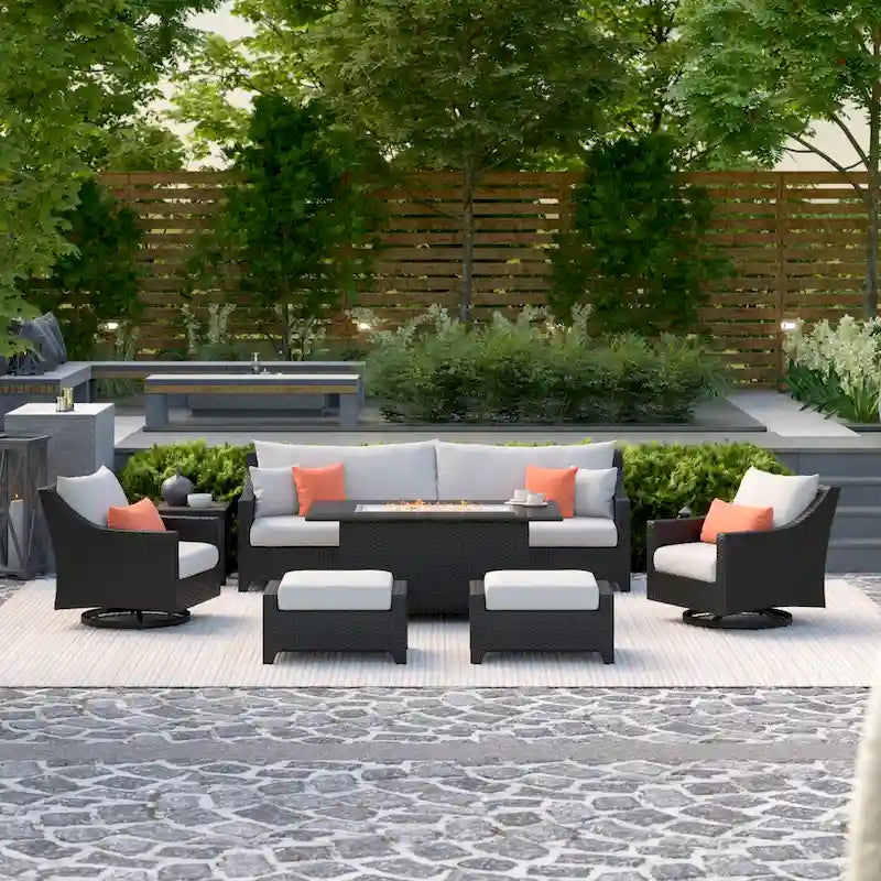 Ensemble Deco 8 pièces Sunbrella de salon de jardin avec foyer et chaises à mouvement de balancier