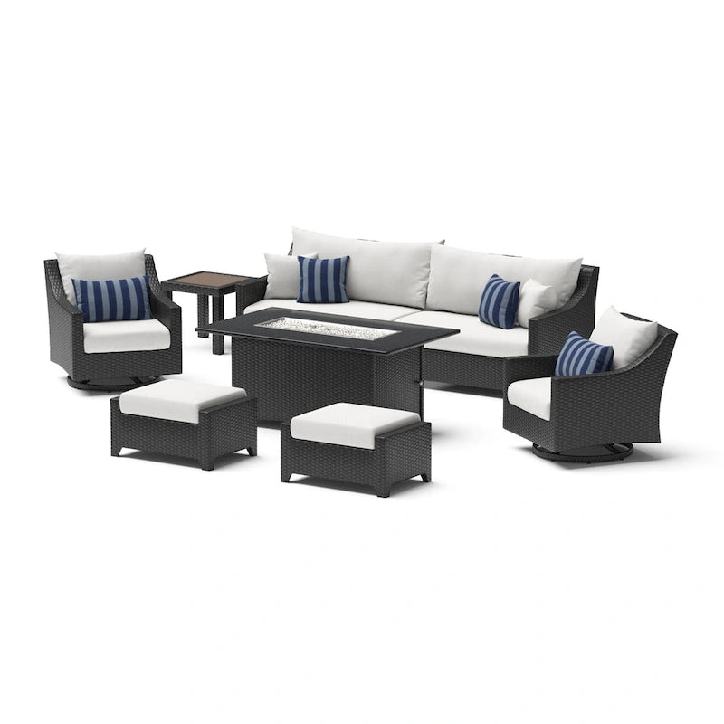 Ensemble Deco 8 pièces Sunbrella de salon de jardin avec foyer et chaises à mouvement de balancier