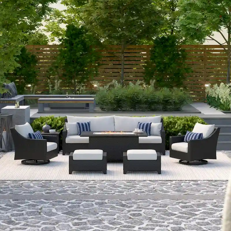 Ensemble Deco 8 pièces Sunbrella de salon de jardin avec foyer et chaises à mouvement de balancier