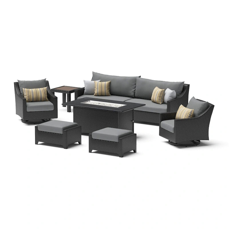 Ensemble Deco 8 pièces Sunbrella de salon de jardin avec foyer et chaises à mouvement de balancier