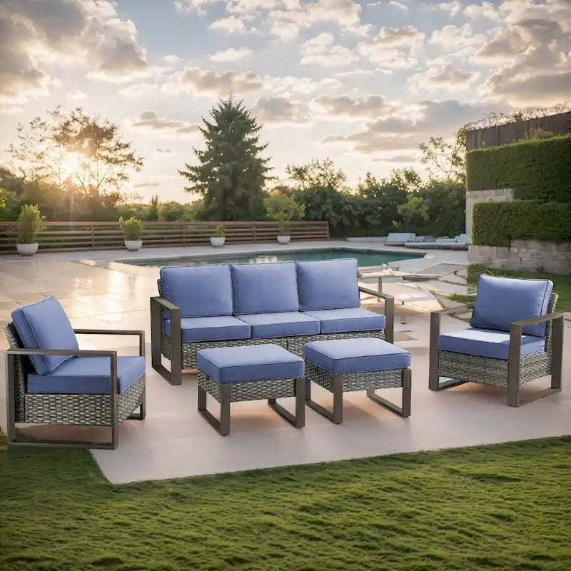 Gymojoy Canapé d'extérieur à dossier haut avec fauteuil et ottomans - Gris