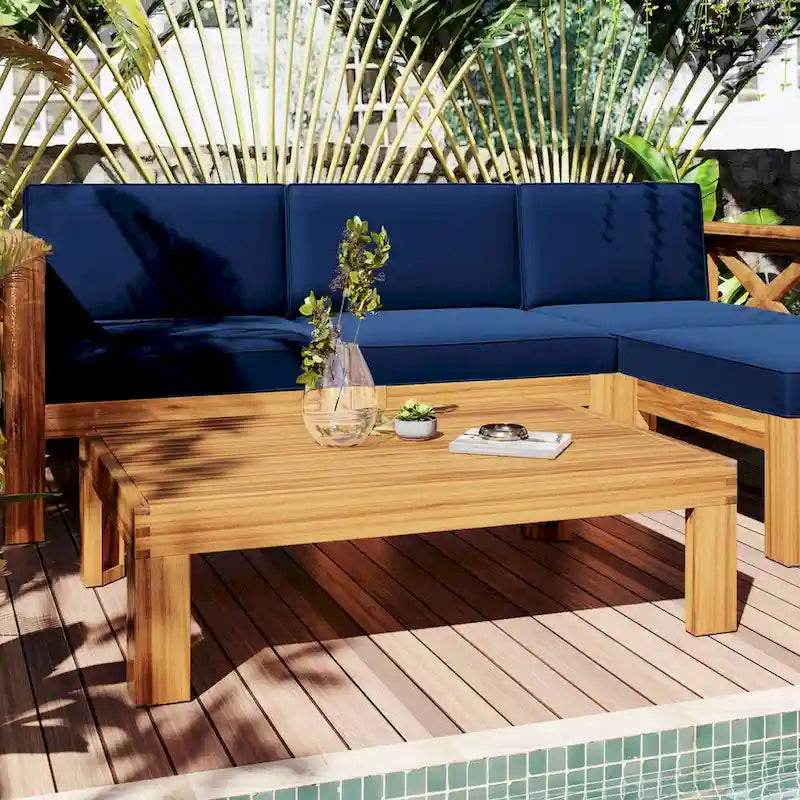 Ensemble de canapé d'angle extérieur 5 pièces en bois d'acacia naturel avec tissu résistant à l'eau