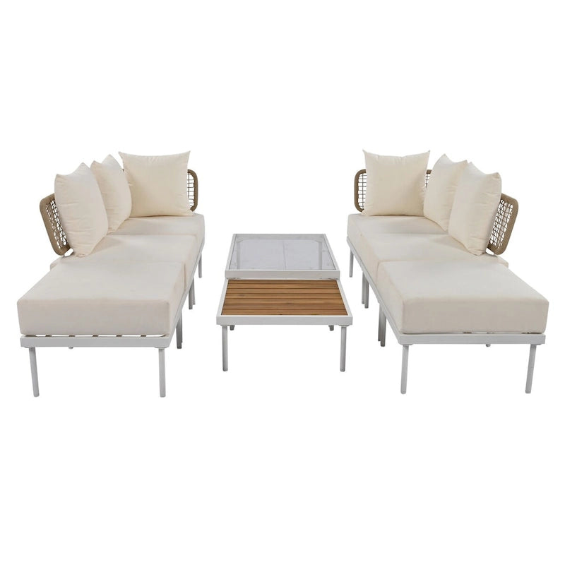 Ensemble de canapé d'angle de terrasse 8 pièces avec table basse en verre trempé