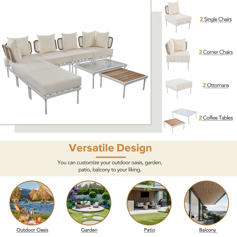 Ensemble de canapé d'angle de terrasse 8 pièces avec table basse en verre trempé
