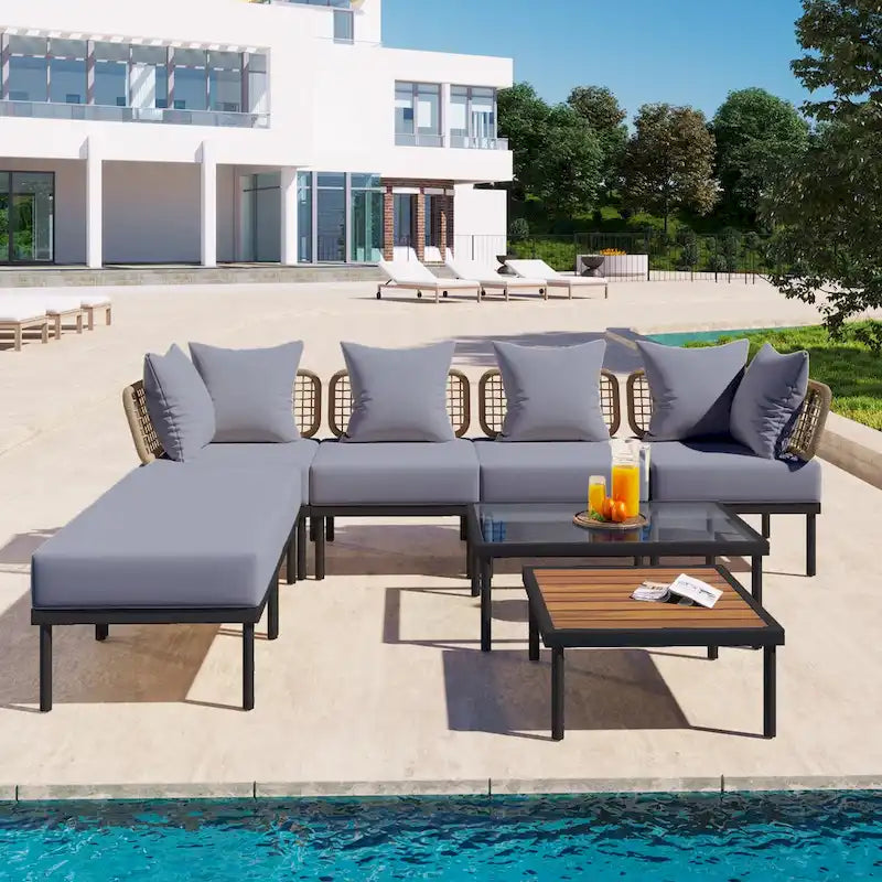 Ensemble de canapé d'angle de terrasse 8 pièces avec table basse en verre trempé