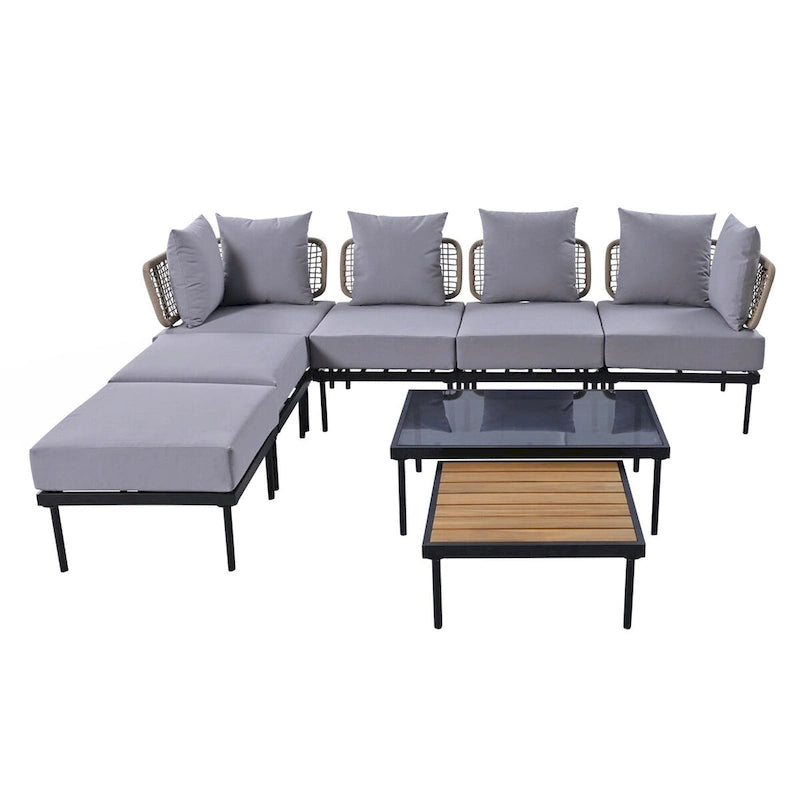 Ensemble de canapé d'angle de terrasse 8 pièces avec table basse en verre trempé